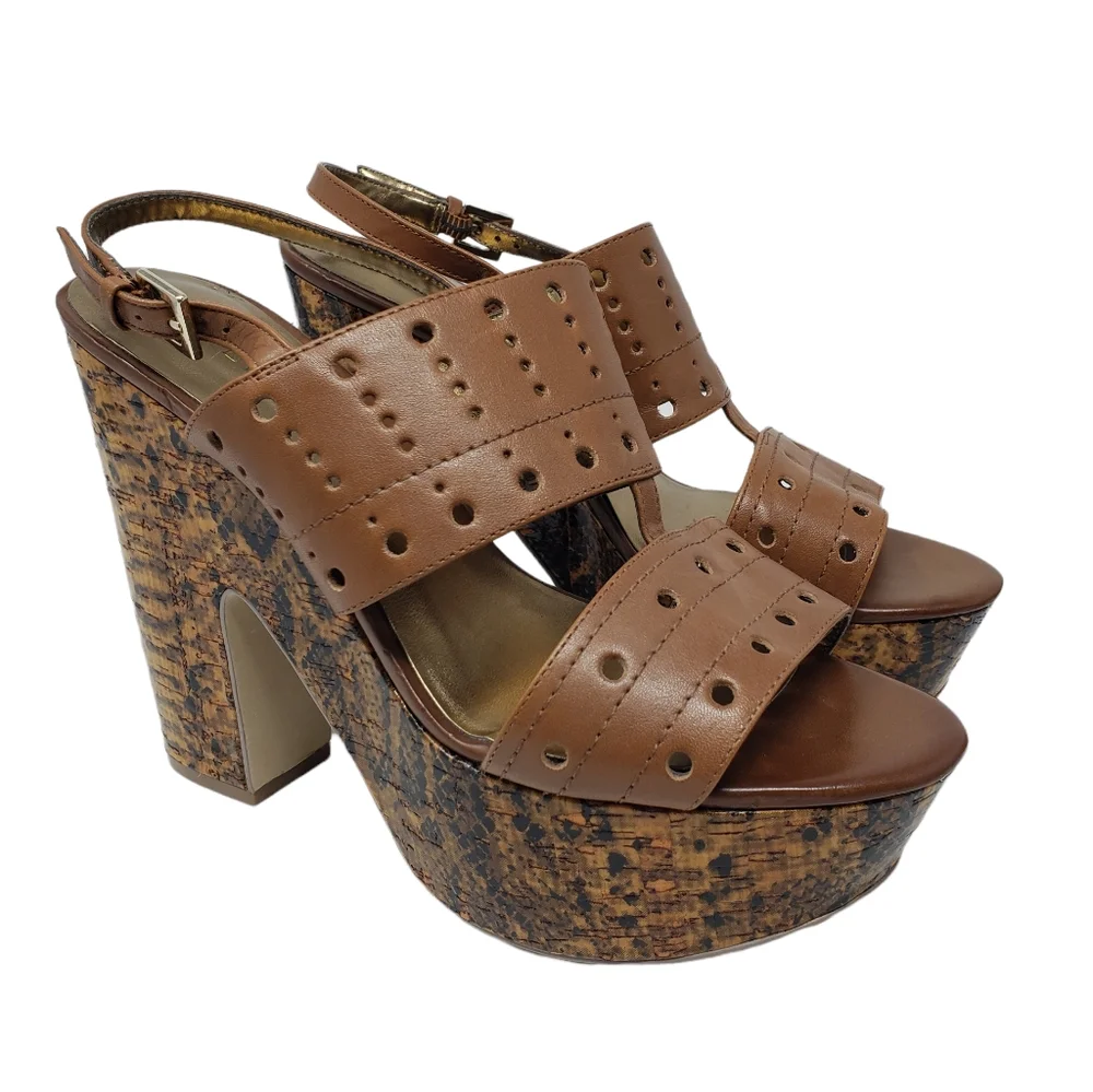 Guess Leather Platform Chunky Heeled Shoes Size 8.5 Brown Tan Heels‎ Ankle Strap